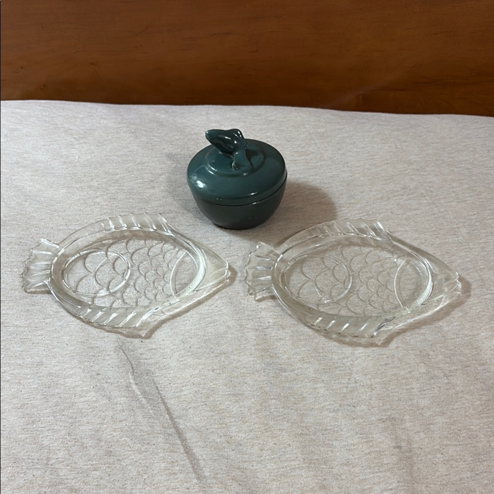 Vintage Fish-Shaped Glass Plates and Teal Ceramic Jar
